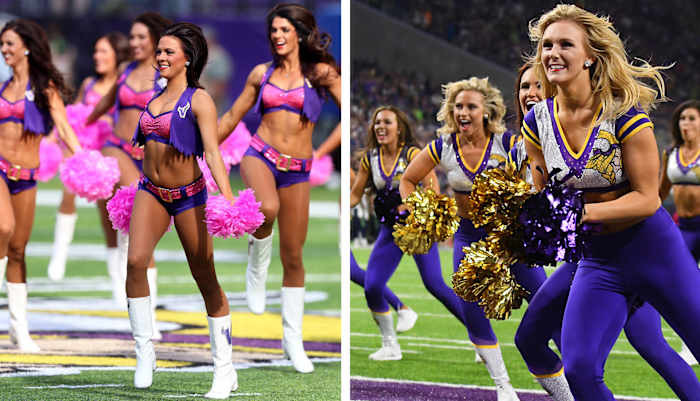 Minnesota Vikings cheerleaders performing in more revealing outfits in 2016, and in less revealing outfits in 2018
